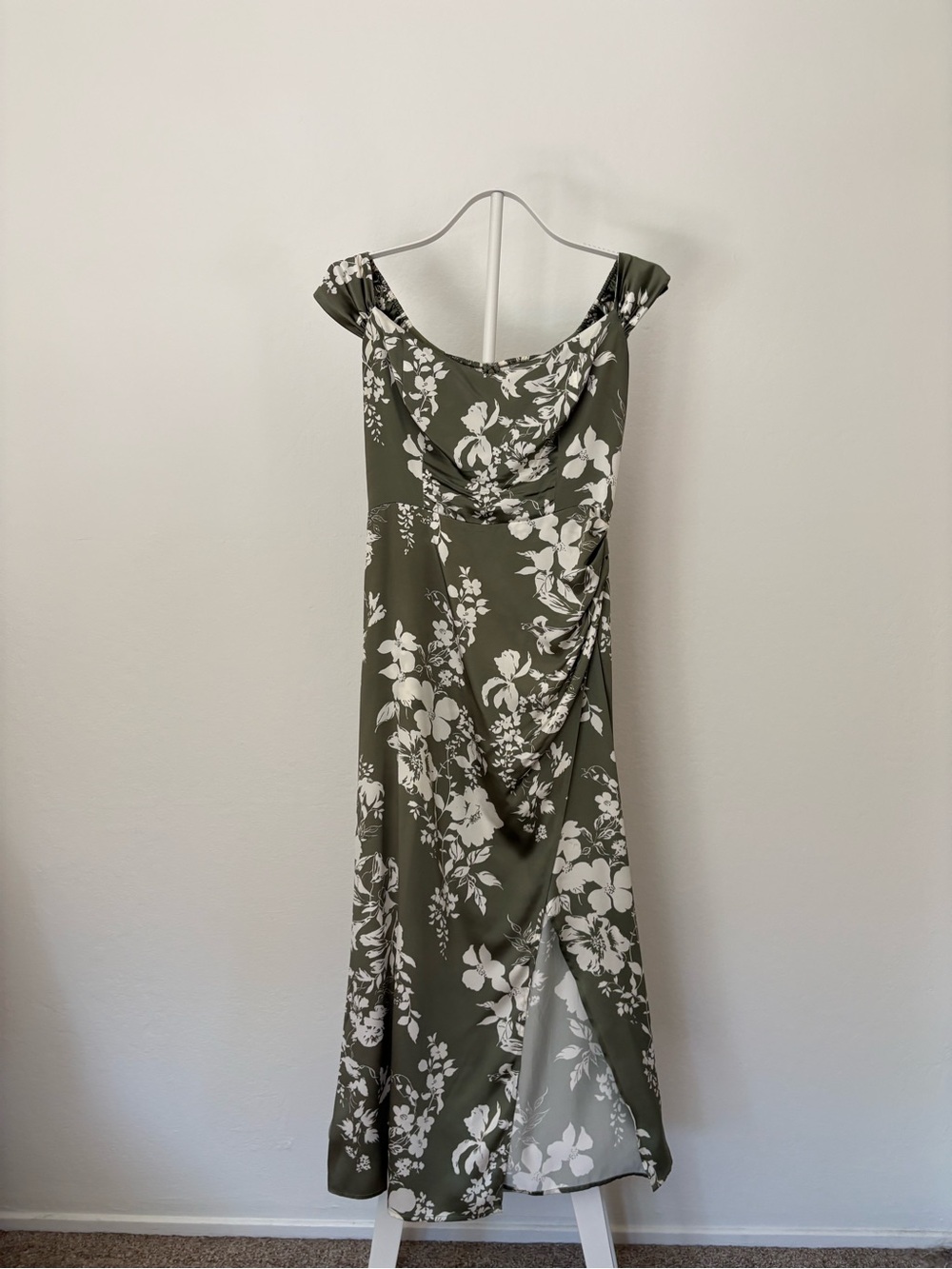 Reformation Olive Green & White Floral Draped Maxi Dress